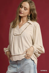 Linen Scallop Hem Blouse with Contrast Trim with Plus Size Umgee